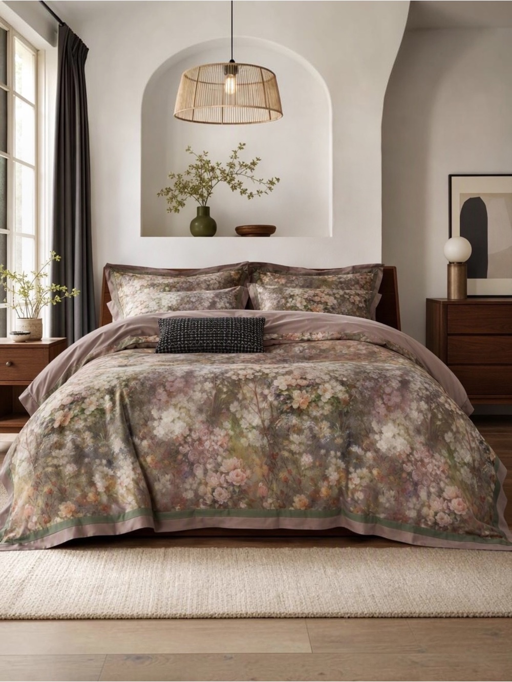 NEW Anthropologie Blush Pink Silk Floral Cotton Queen / King Bedding Duvet Set